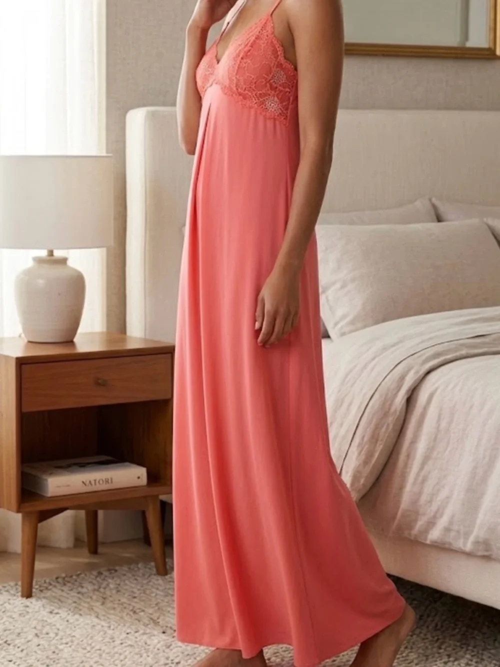 Josie Natori Lace Trim Maxi Slip Dress Coral Size M